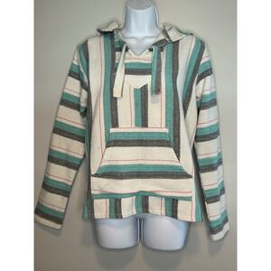 Senor Lopez Original‎ Baja Hoodie Teal Grey Striped Woven Poncho Womens Medium